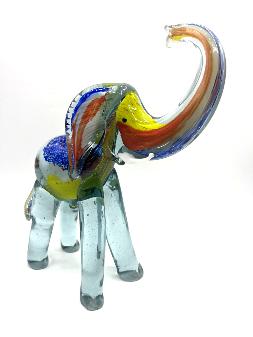 Murano Style Handcrafted Multicolor Blown Glass Elephant Figurine With Raised Trunk 9.5" high