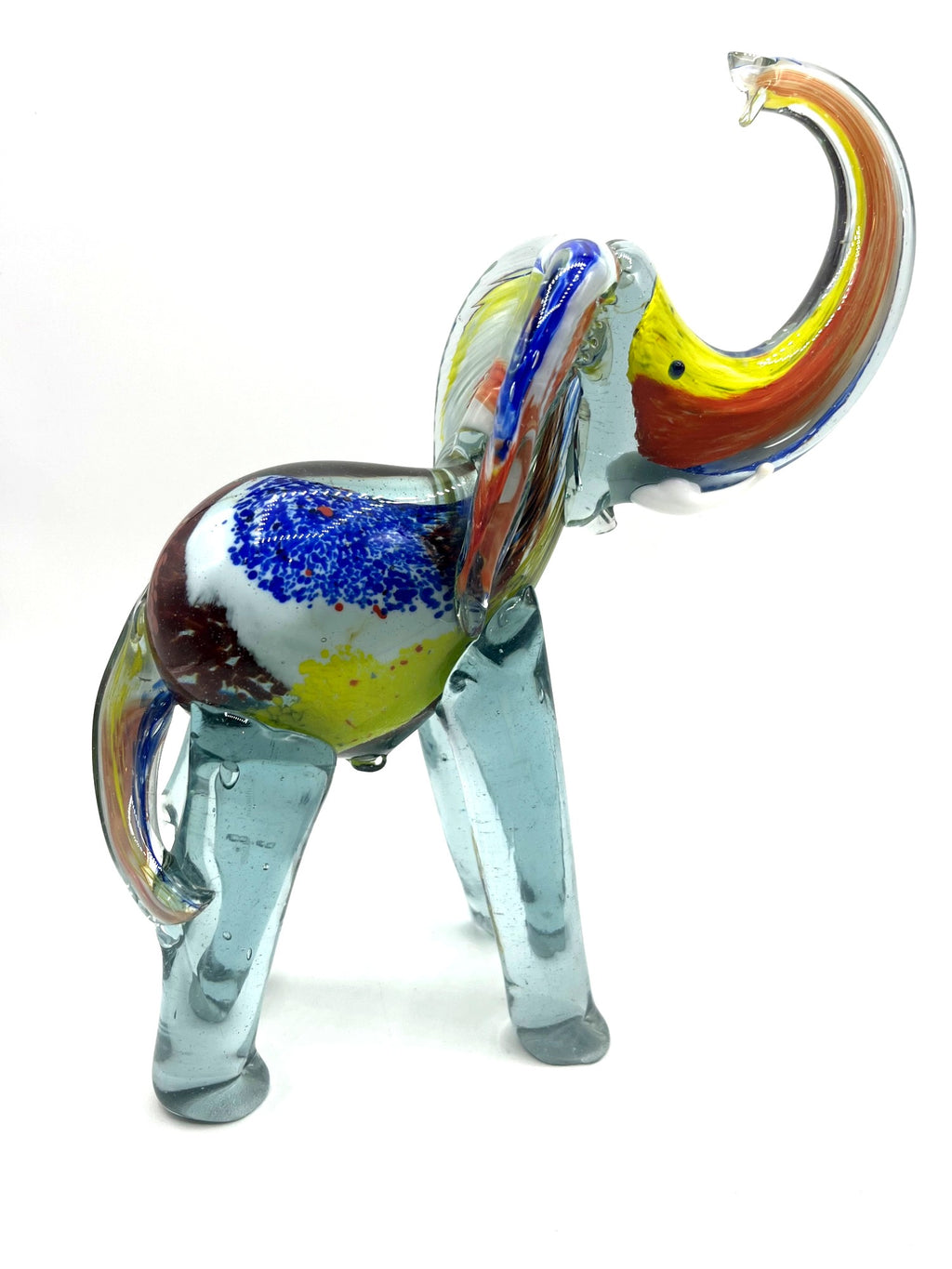 Murano Style Handcrafted Multicolor Blown Glass Elephant Figurine With Raised Trunk 9.5" high