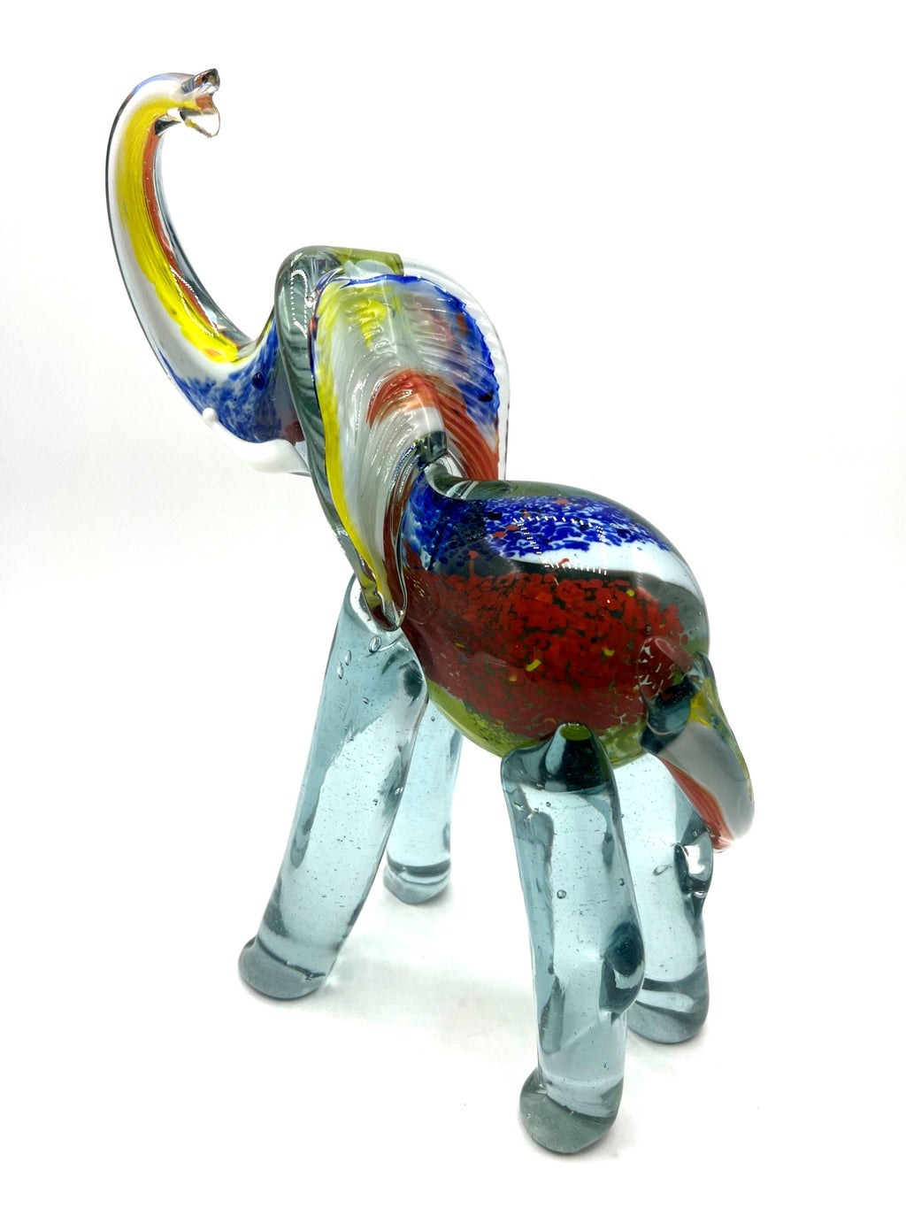Murano Style Handcrafted Multicolor Blown Glass Elephant Figurine With Raised Trunk 9.5" high