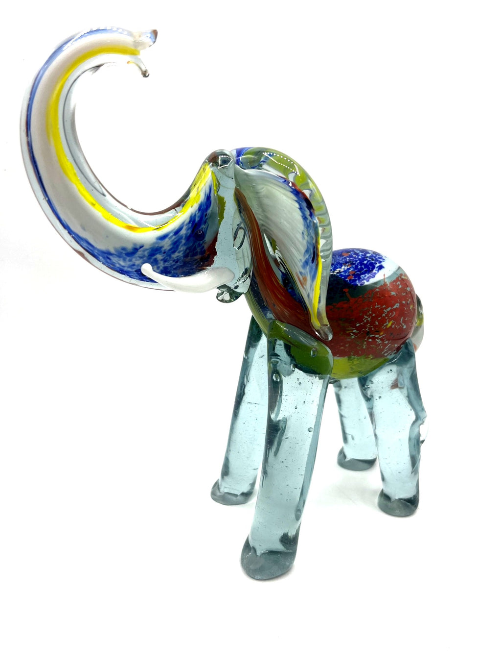 Murano Style Handcrafted Multicolor Blown Glass Elephant Figurine With Raised Trunk 9.5" high