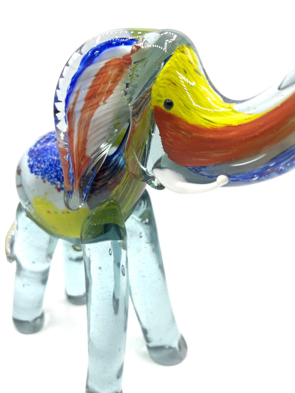 Murano Style Handcrafted Multicolor Blown Glass Elephant Figurine With Raised Trunk 9.5" high