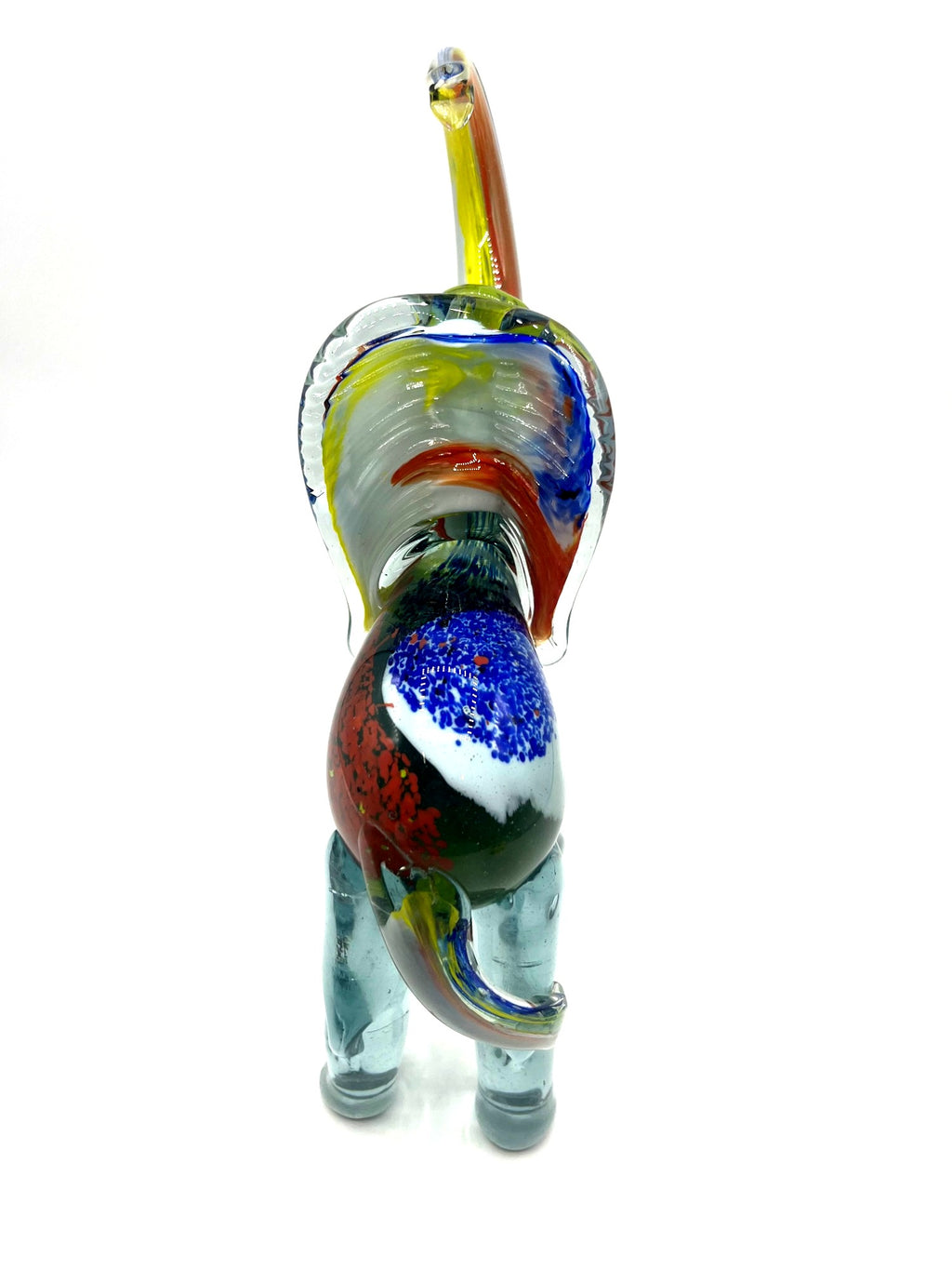 Murano Style Handcrafted Multicolor Blown Glass Elephant Figurine With Raised Trunk 9.5" high