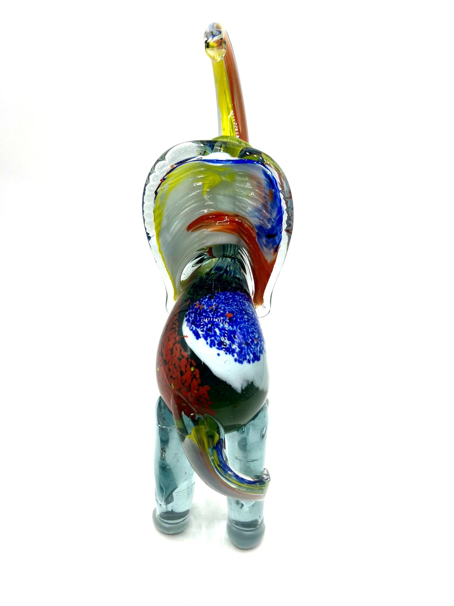 Murano Style Handcrafted Multicolor Blown Glass Elephant Figurine With Raised Trunk 9.5" high