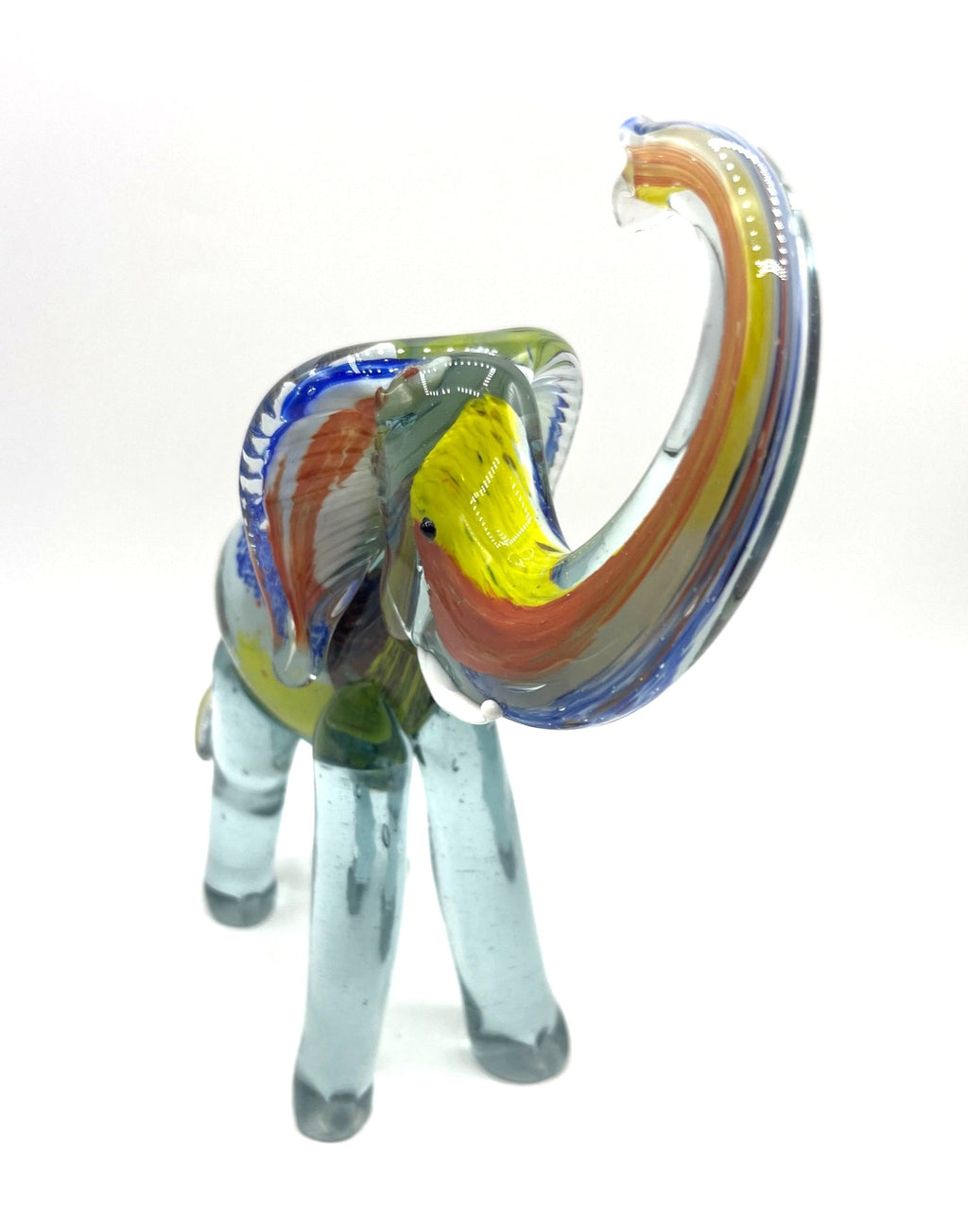 Murano Style Handcrafted Multicolor Blown Glass Elephant Figurine With Raised Trunk 9.5" high