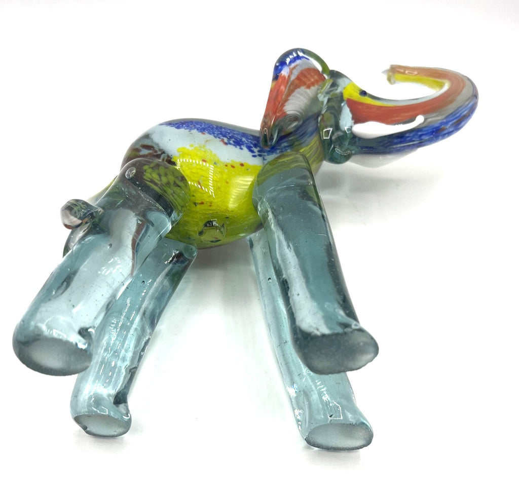 Murano Style Handcrafted Multicolor Blown Glass Elephant Figurine With Raised Trunk 9.5" high