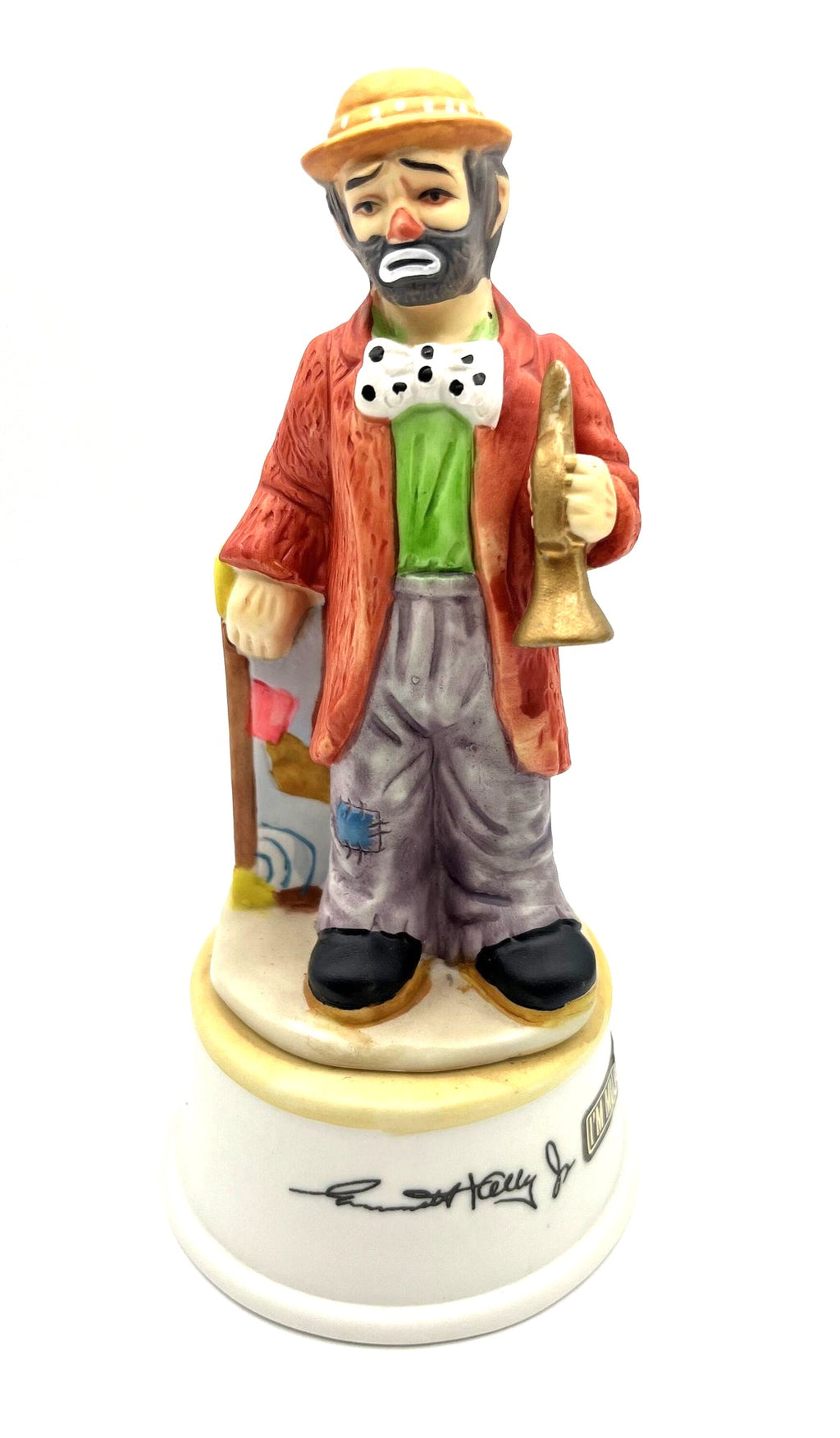 Musical Emmett Kelly Jr. Figurine with Golden Horn by Flambro Bisque Porcelain 7.5"  high. Plays Send In The Clowns