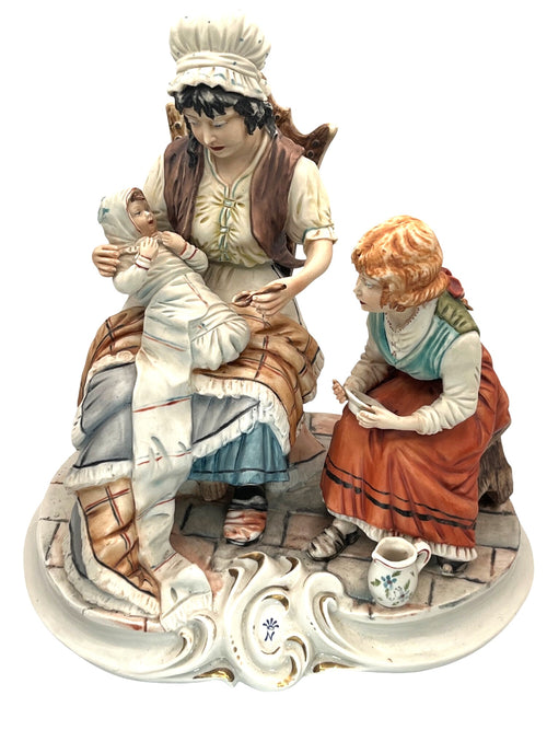 Capodimonte Italy Large Porcelain Figurine by Meneghtti signed, Mother Baby & Child 11" tall