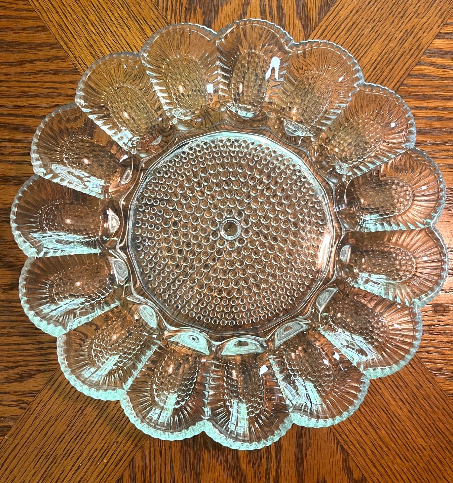 Vintage Clear Indiana Glass Deviled Egg Tray With Hobnail Pattern Scalloped Edge