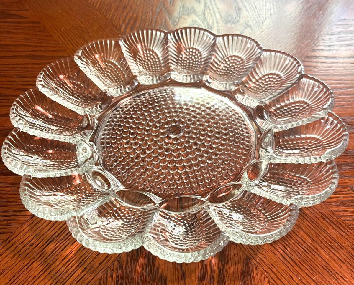 Vintage Clear Indiana Glass Deviled Egg Tray With Hobnail Pattern Scalloped Edge