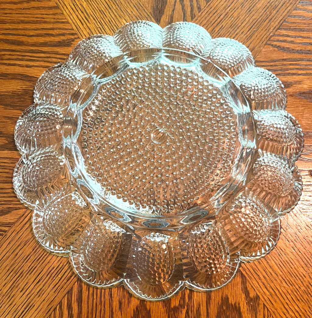 Vintage Clear Indiana Glass Deviled Egg Tray With Hobnail Pattern Scalloped Edge