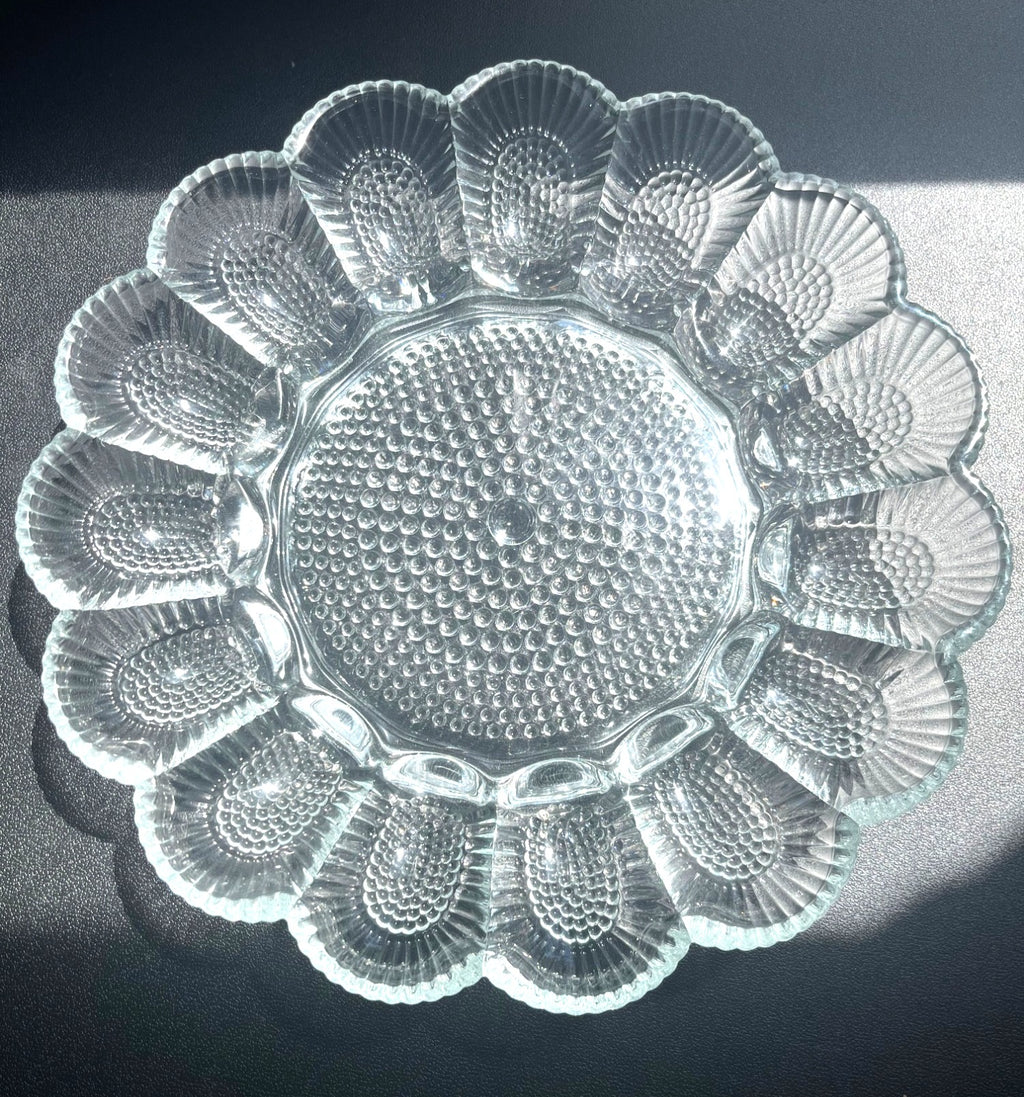 Vintage Clear Indiana Glass Deviled Egg Tray With Hobnail Pattern Scalloped Edge