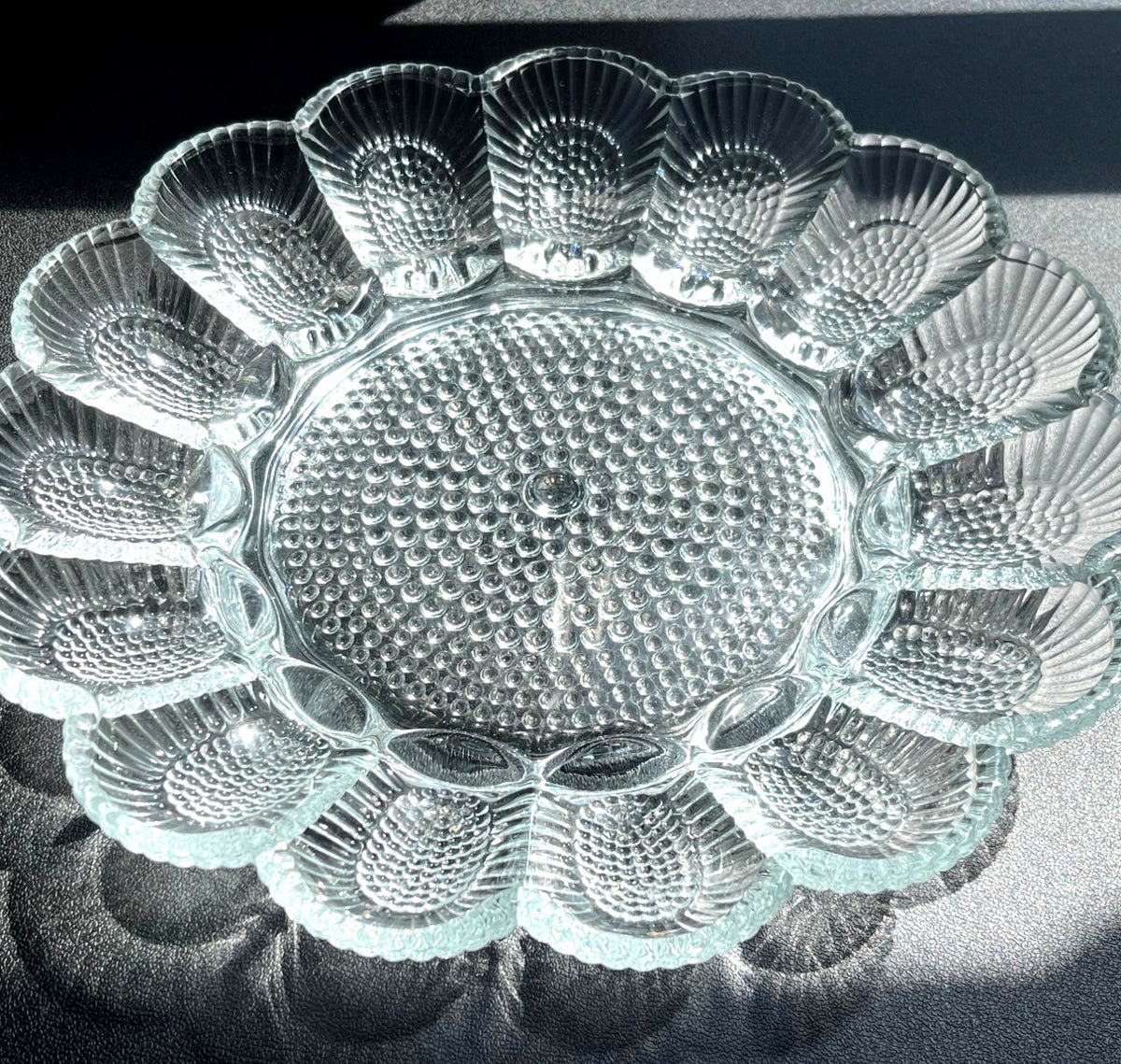 Vintage Clear Indiana Glass Deviled Egg Tray With Hobnail Pattern Scalloped Edge