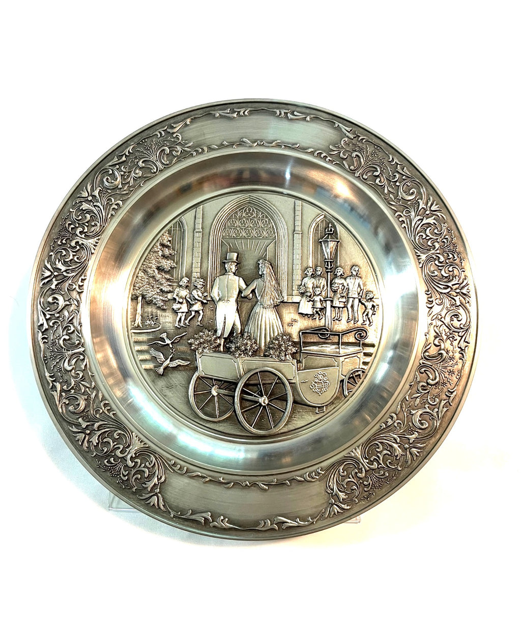 Vintage Zinn Decker Pewter Wall Plate With Embossed Wedding Scene & Ornate Border Design 9"