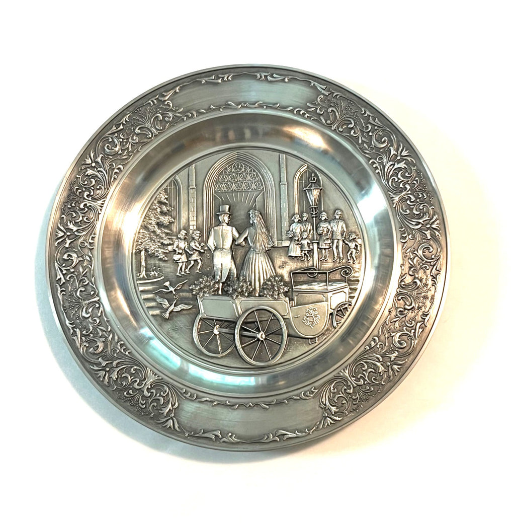 Vintage Zinn Decker Pewter Wall Plate With Embossed Wedding Scene & Ornate Border Design 9"