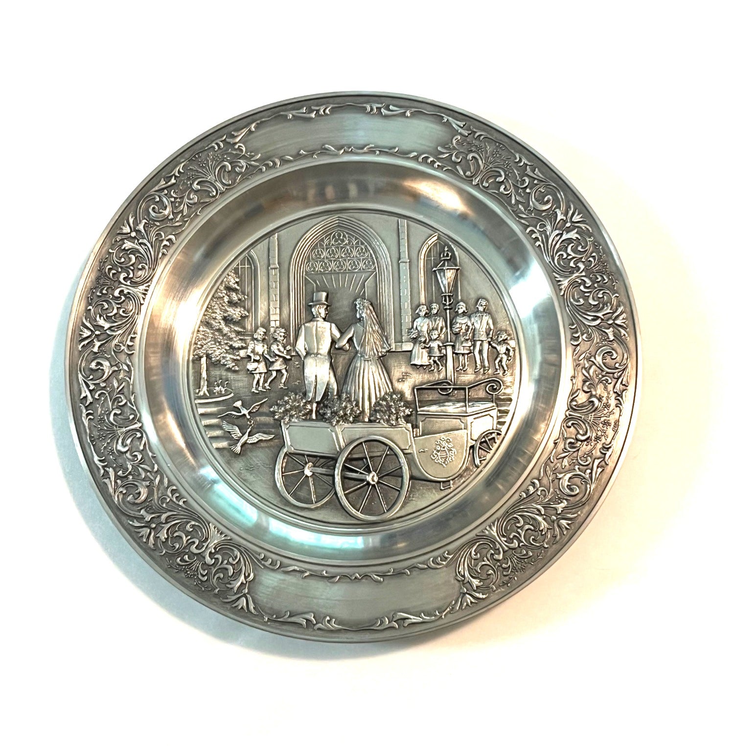 Vintage Zinn Decker Pewter Wall Plate With Embossed Wedding Scene & Ornate Border Design 9"