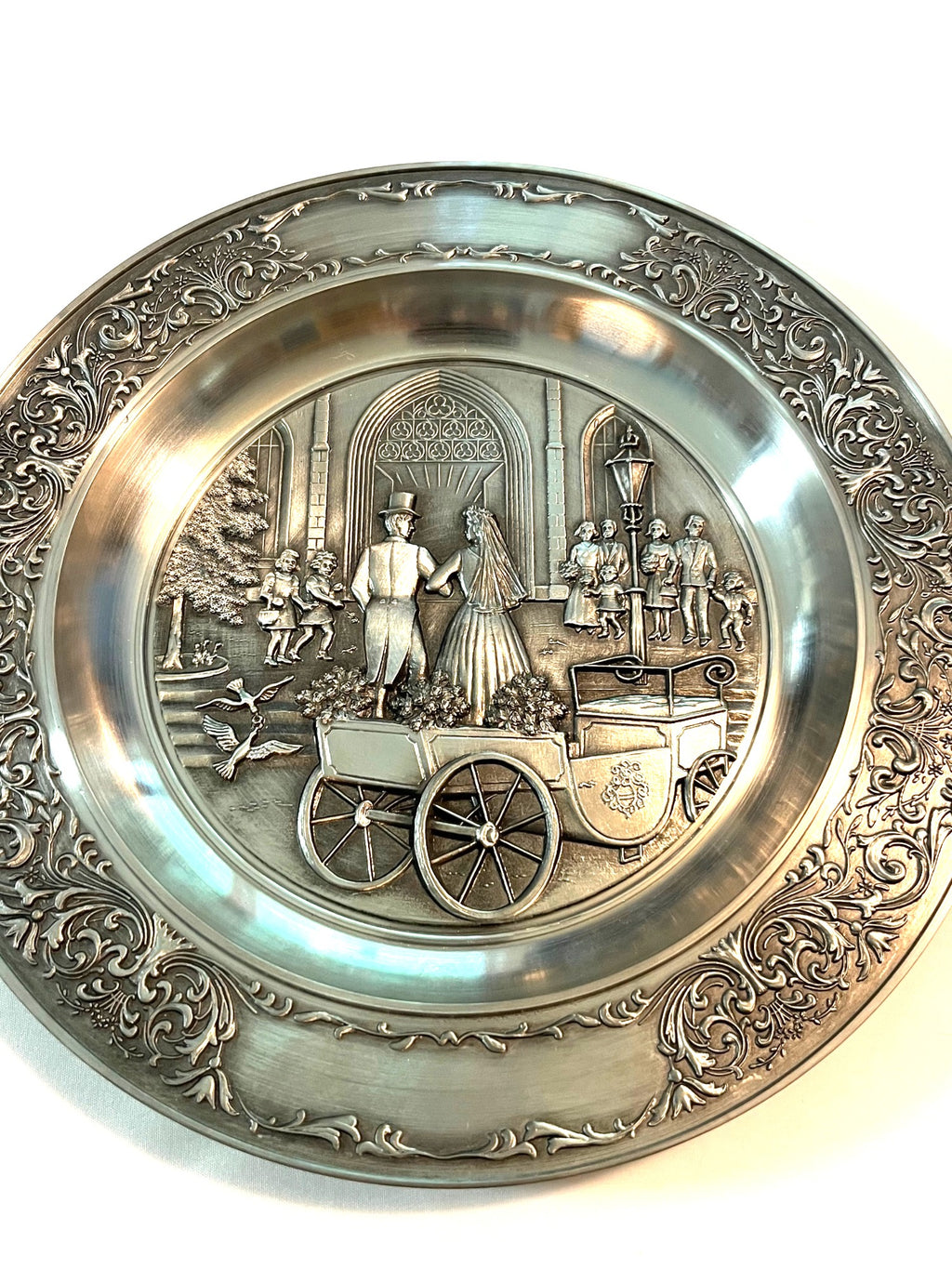 Vintage Zinn Decker Pewter Wall Plate With Embossed Wedding Scene & Ornate Border Design 9"