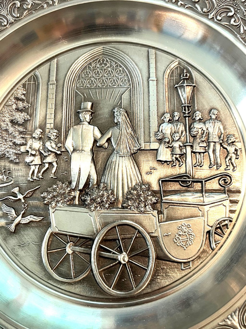 Vintage Zinn Decker Pewter Wall Plate With Embossed Wedding Scene & Ornate Border Design 9"
