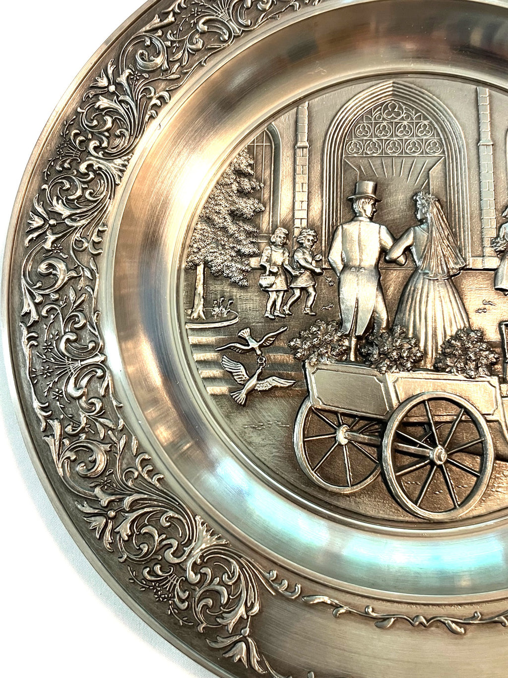Vintage Zinn Decker Pewter Wall Plate With Embossed Wedding Scene & Ornate Border Design 9"
