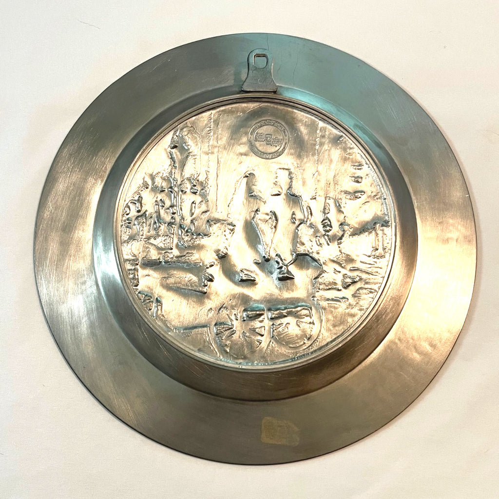 Vintage Zinn Decker Pewter Wall Plate With Embossed Wedding Scene & Ornate Border Design 9"
