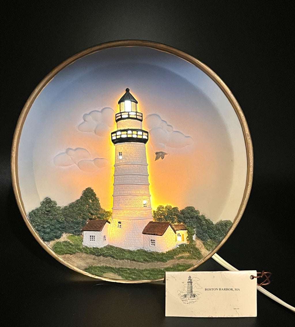 Boston Harbor Lighthouse Light-Up Decor With Plug-In Cord - Coastal Accent Night Light 7" diameter