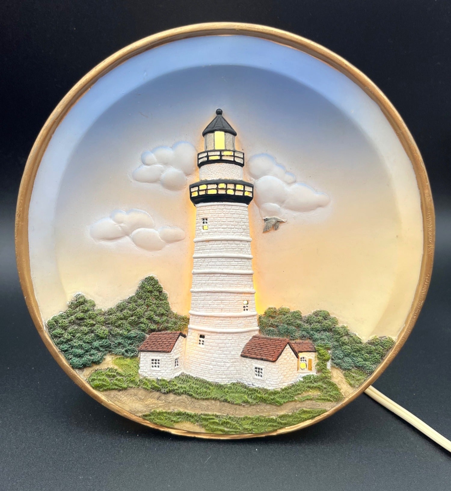 Boston Harbor Lighthouse Light-Up Decor With Plug-In Cord - Coastal Accent Night Light 7" diameter