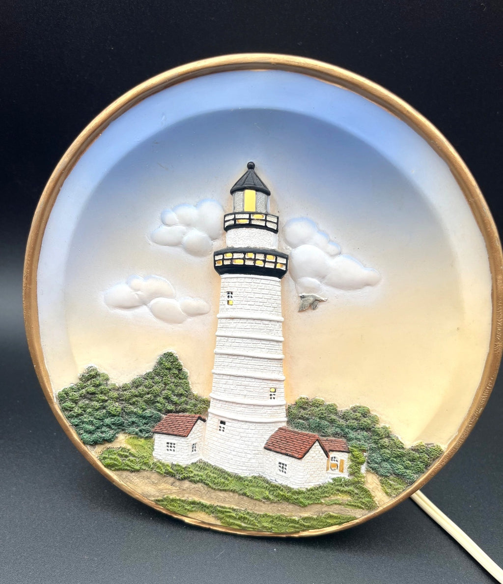 Boston Harbor Lighthouse Light-Up Decor With Plug-In Cord - Coastal Accent Night Light 7" diameter