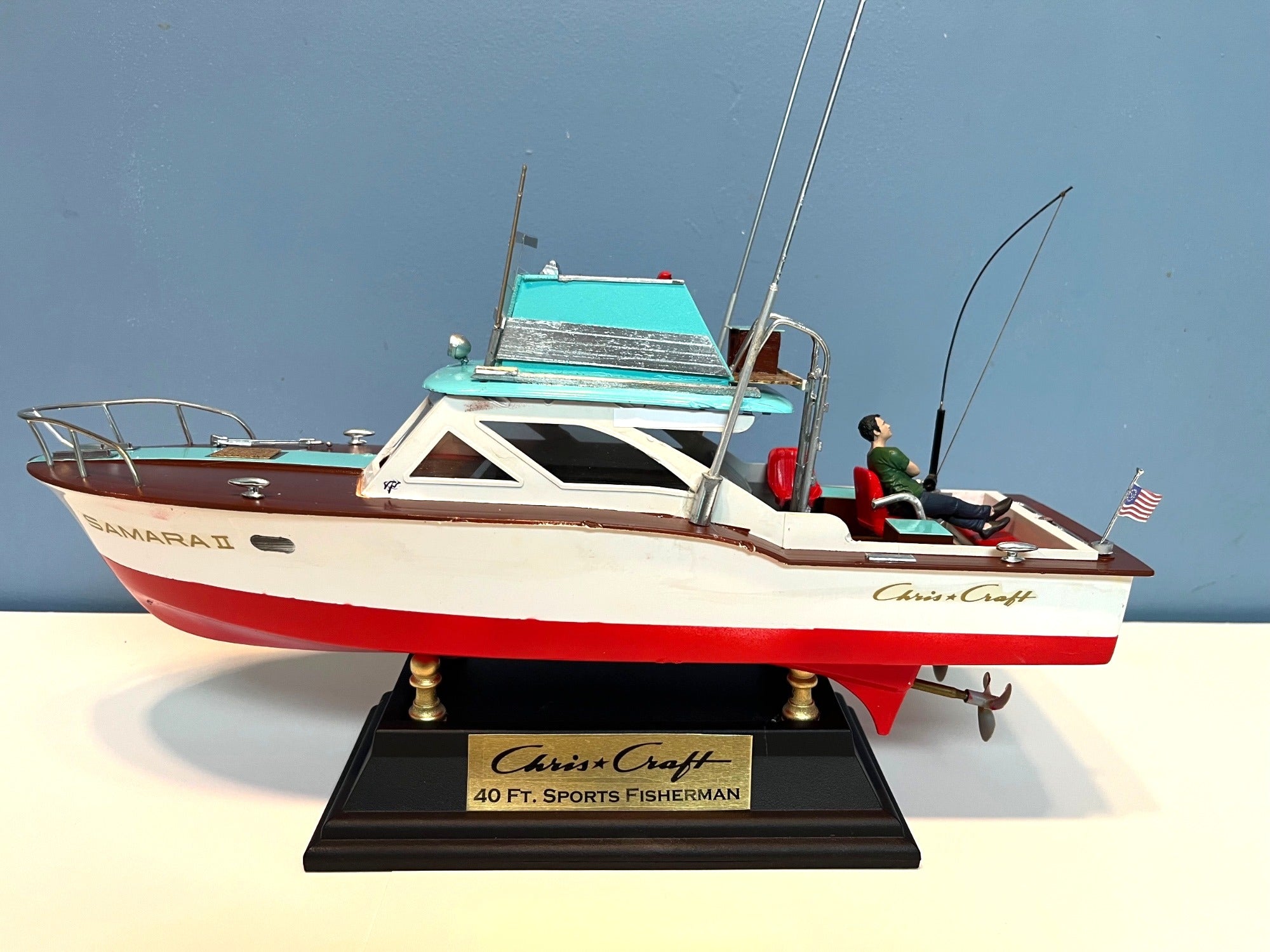 Chris Craft 40 Ft. Sports Fisherman Model Boat Custom Made With Display Stand 15" long