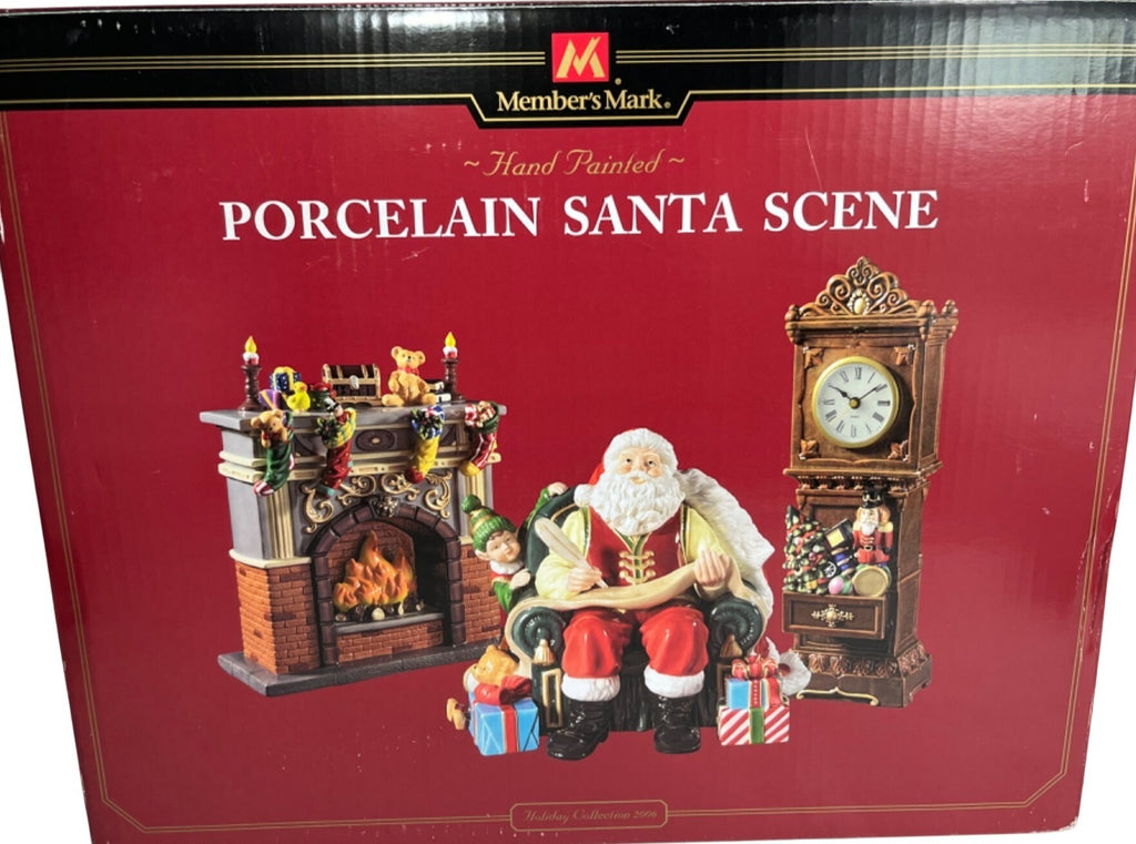 Porcelain Santa Scene with Santa Fireplace & Clock, Hand Painted Holiday Collection