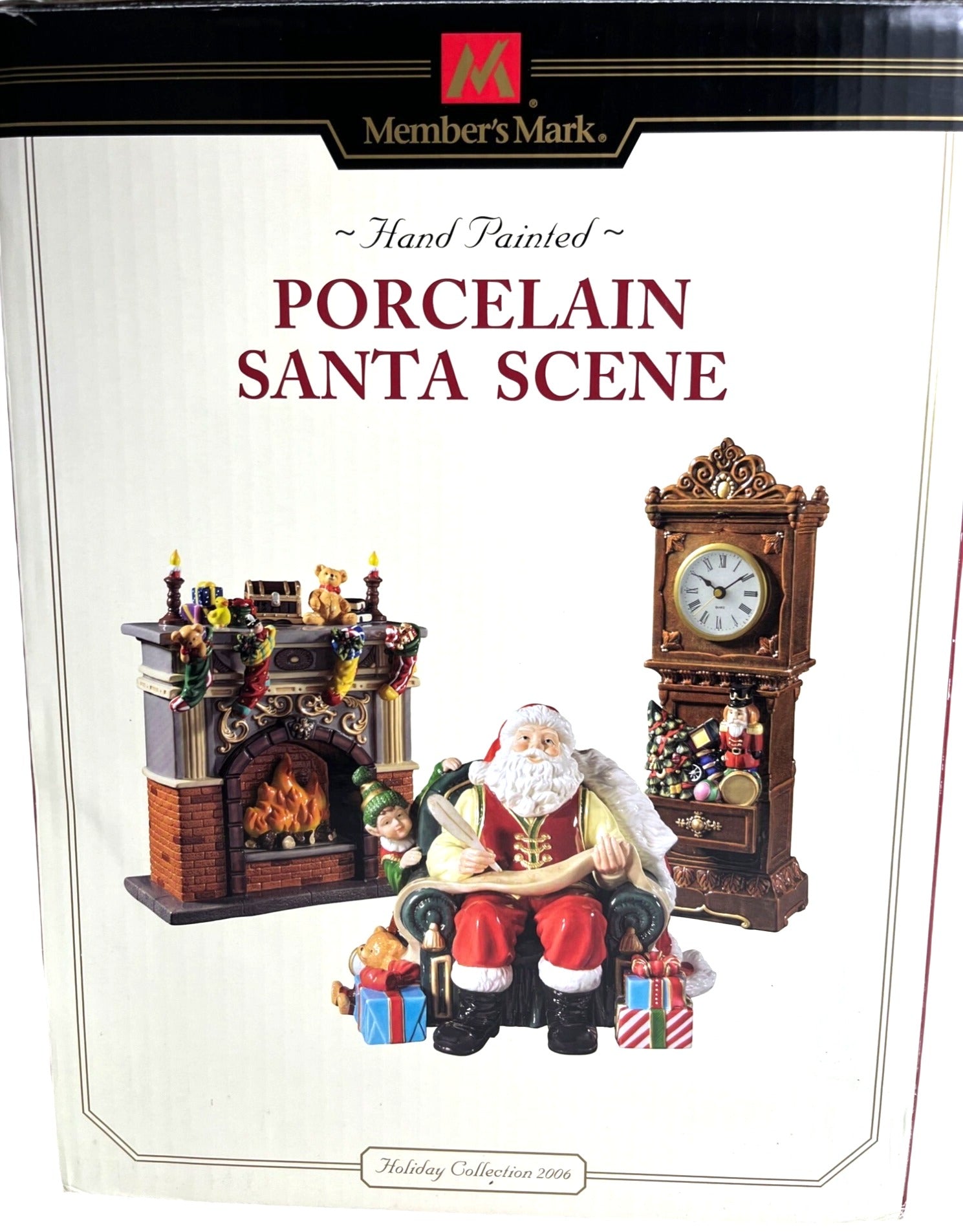 Porcelain Santa Scene with Santa Fireplace & Clock, Hand Painted Holiday Collection