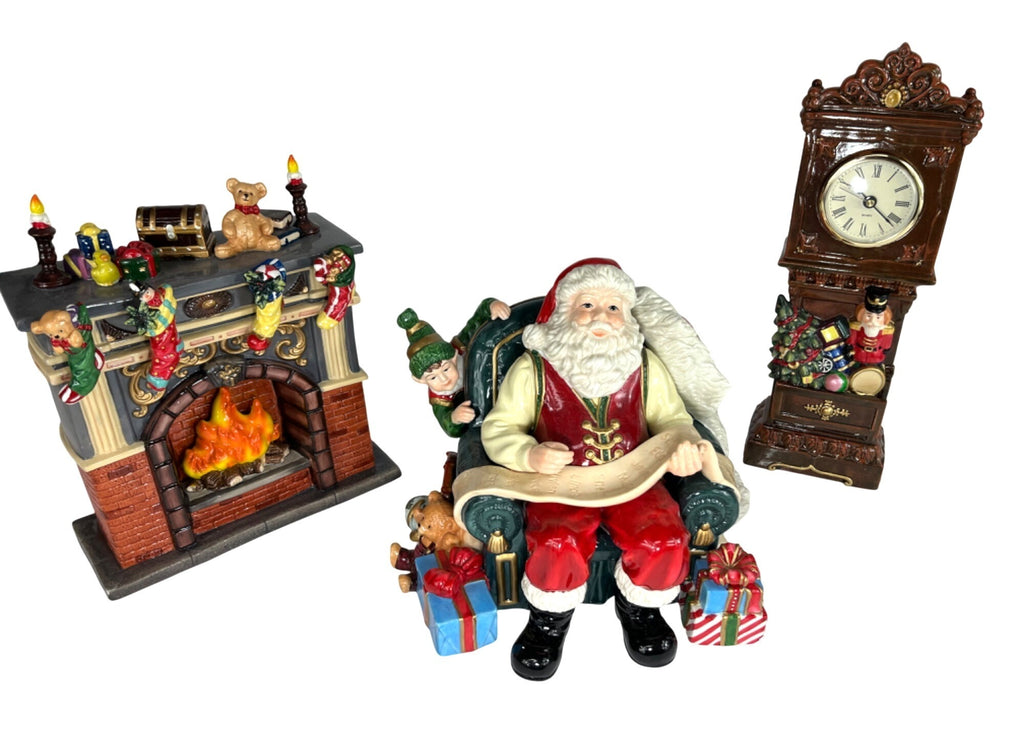 Porcelain Santa Scene with Santa Fireplace & Clock, Hand Painted Holiday Collection