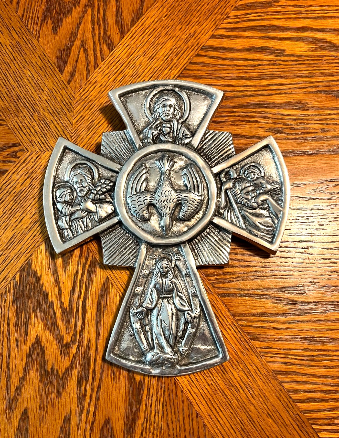Metal Religious Wall Cross With Sacred Images Silver-Tone Finish 12" X 10" Handcrafted Made in Mexico