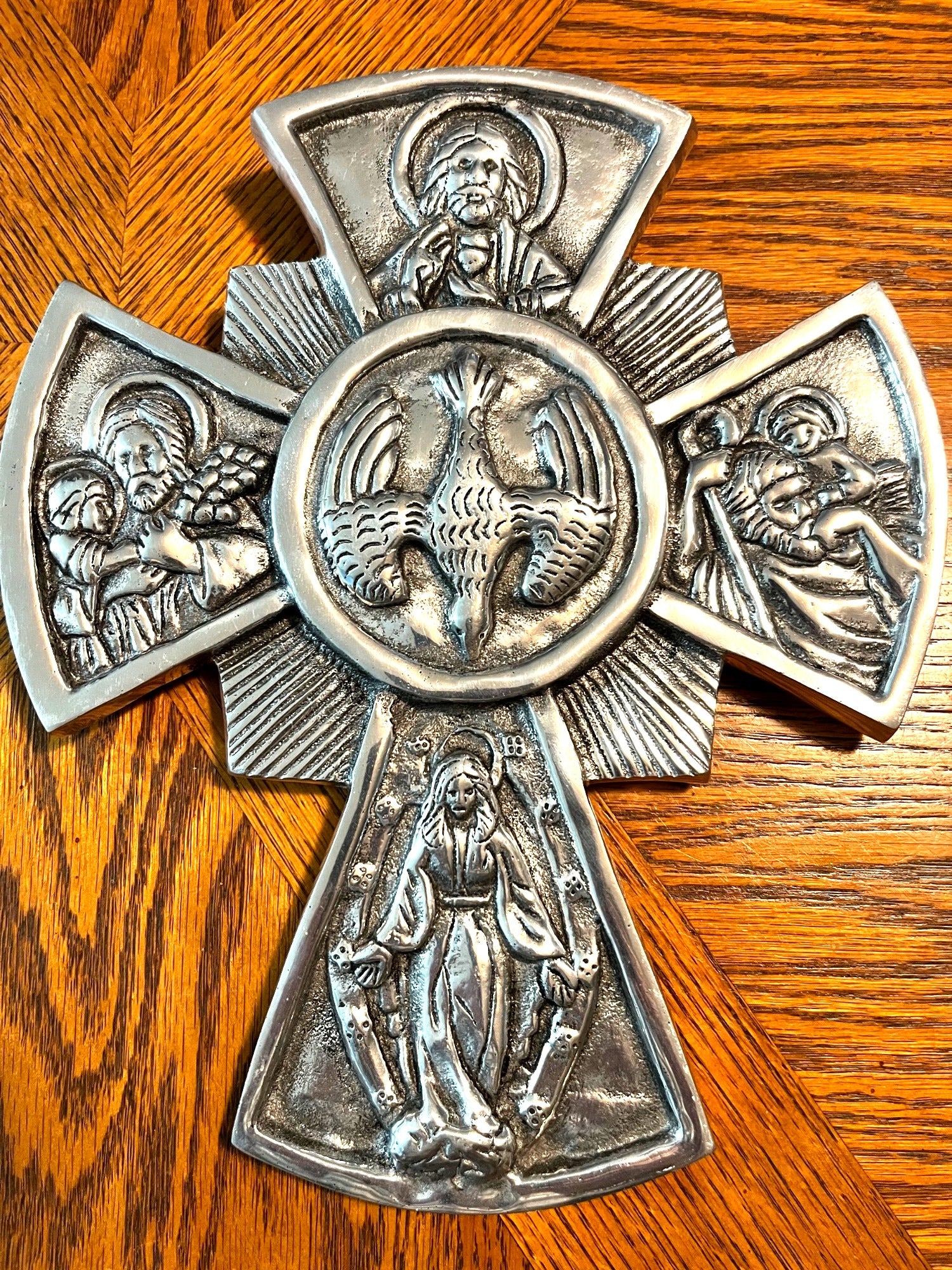 Metal Religious Wall Cross With Sacred Images Silver-Tone Finish 12" X 10" Handcrafted Made in Mexico