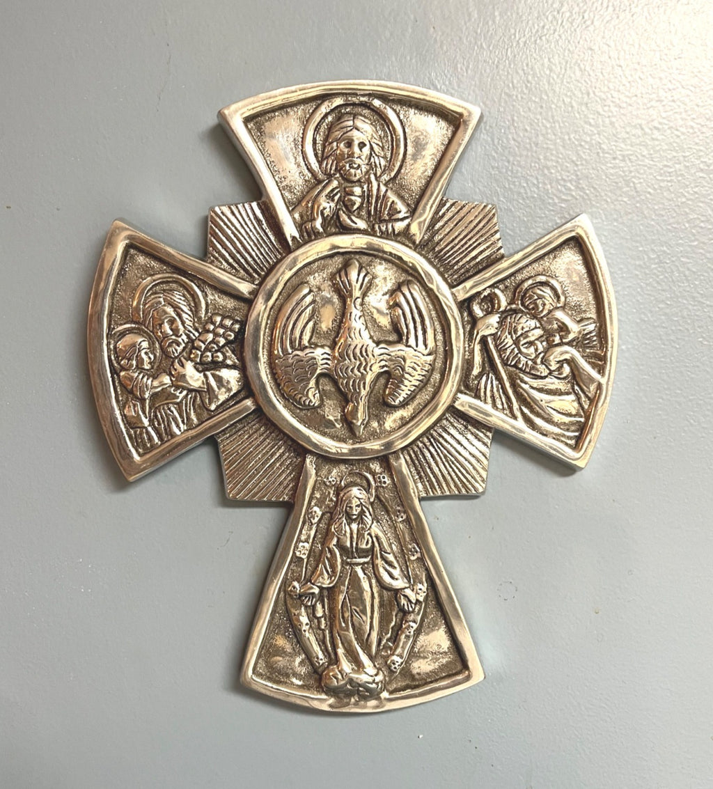 Metal Religious Wall Cross With Sacred Images Silver-Tone Finish 12" X 10" Handcrafted Made in Mexico