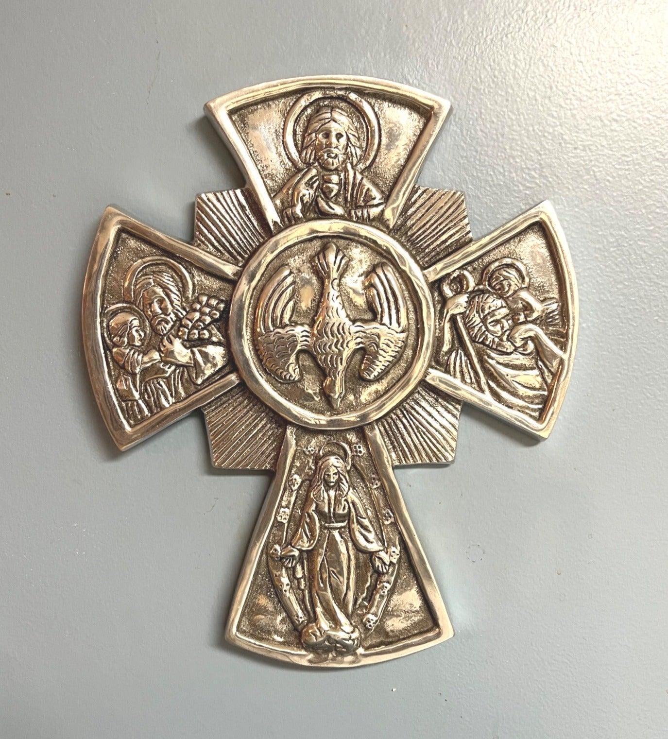 Metal Religious Wall Cross With Sacred Images Silver-Tone Finish 12" X 10" Handcrafted Made in Mexico