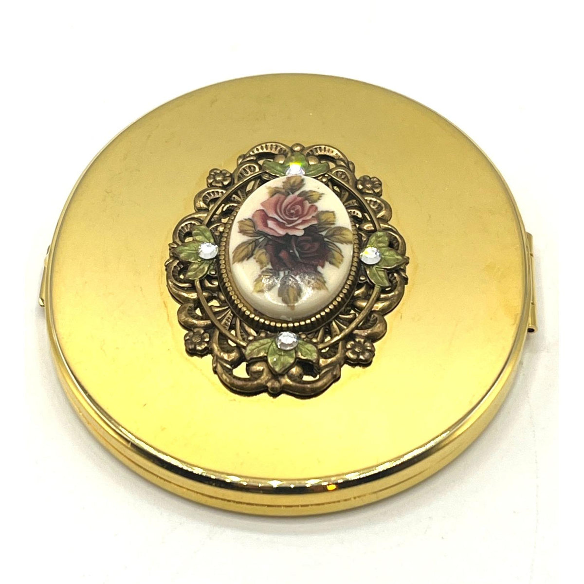 Vintage Gold-Tone Compact Mirror With Floral Porcelain Cameo & Rhinestone Accents  3"