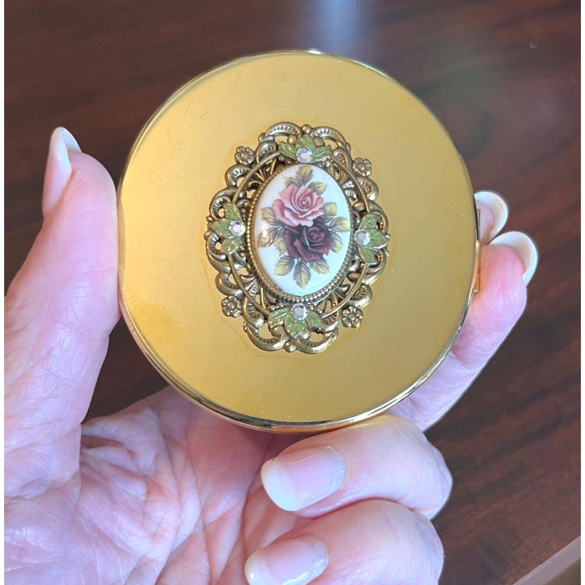 Vintage Gold-Tone Compact Mirror With Floral Porcelain Cameo & Rhinestone Accents  3"