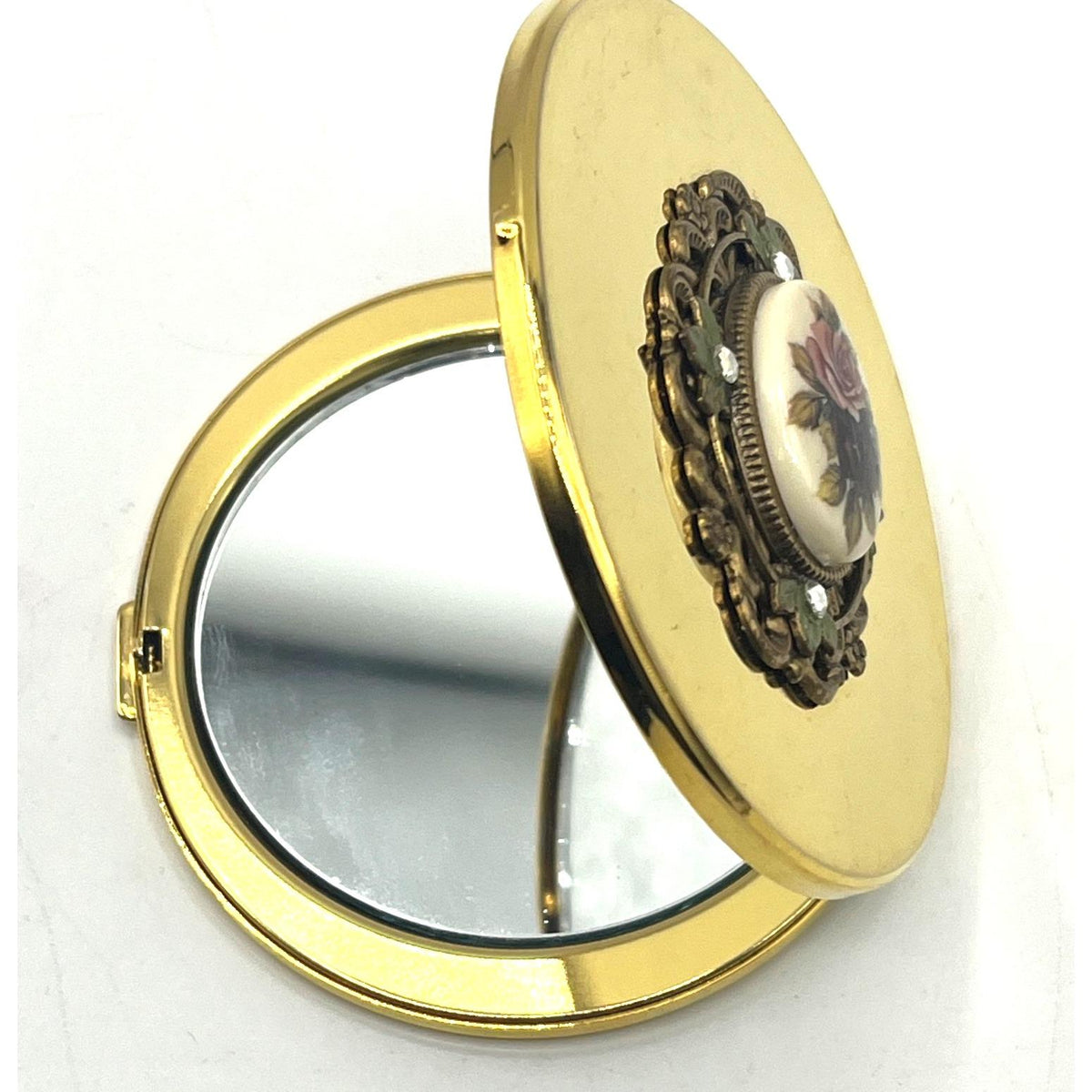 Vintage Gold-Tone Compact Mirror With Floral Porcelain Cameo & Rhinestone Accents  3"