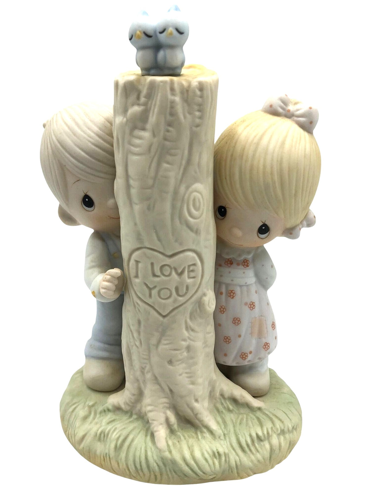 Jonathan and David (Precious Moments) 1979 "Thee I Love" Figurine.  Two children by a tree trunk with the carved message "I Love You"