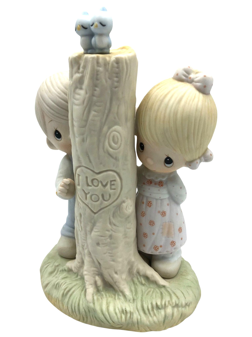 Jonathan and David (Precious Moments) 1979 "Thee I Love" Figurine.  Two children by a tree trunk with the carved message "I Love You"