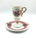 Royal Vienna Classic China Pedestal Demitasse Cup and Saucer, Pink Bands with Courting Couple, Lusterware Finish and Gold Details and Trim.