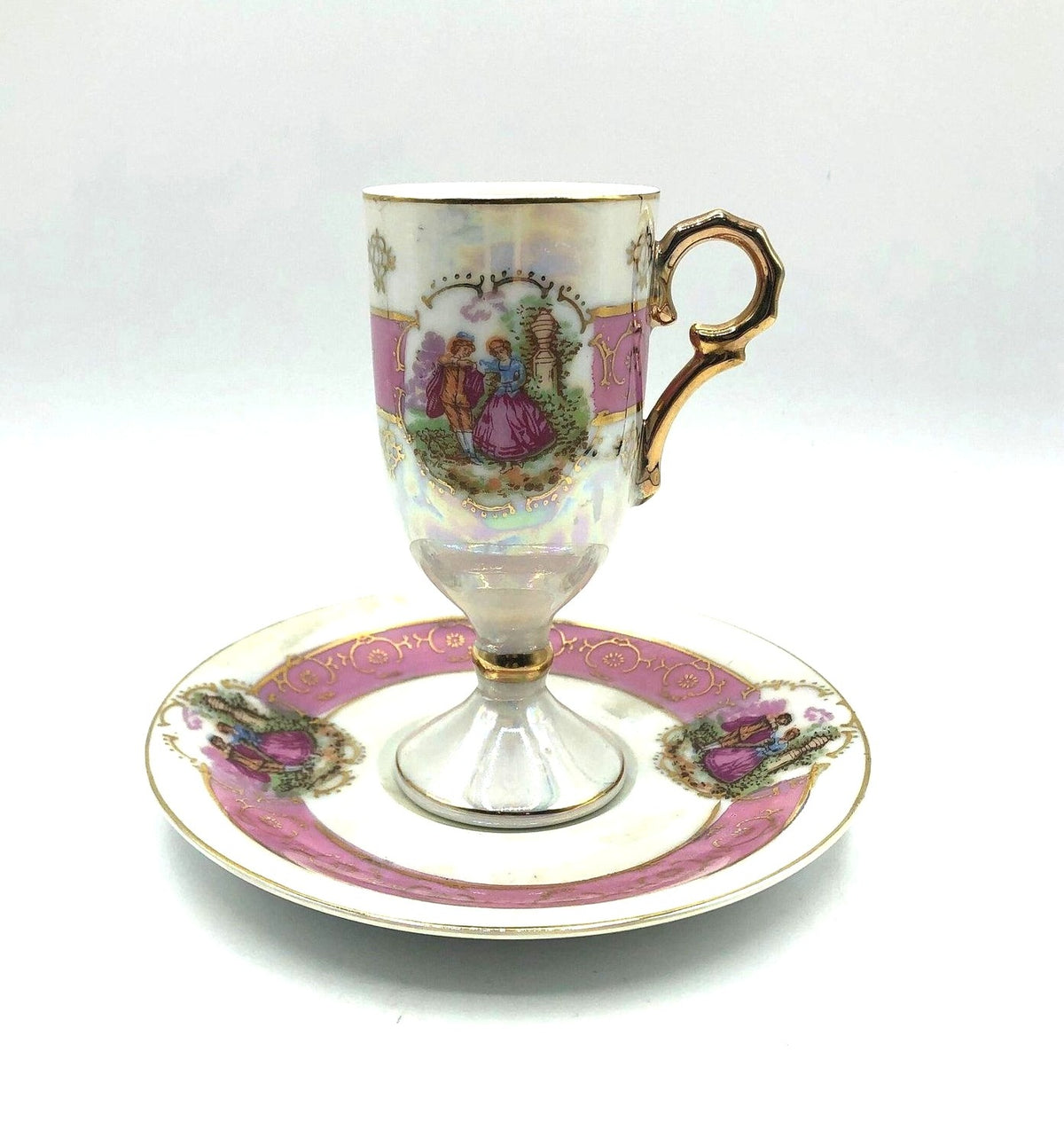 Royal Vienna Classic China Pedestal Demitasse Cup and Saucer, Pink Bands with Courting Couple, Lusterware Finish and Gold Details and Trim.
