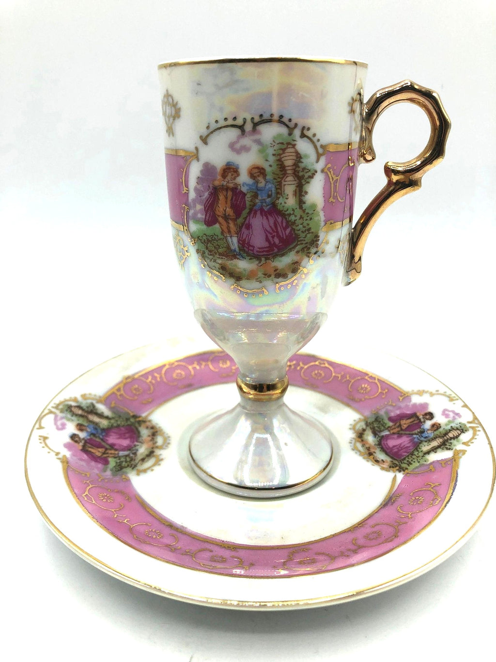 Royal Vienna Classic China Pedestal Demitasse Cup and Saucer, Pink Bands with Courting Couple, Lusterware Finish and Gold Details and Trim.