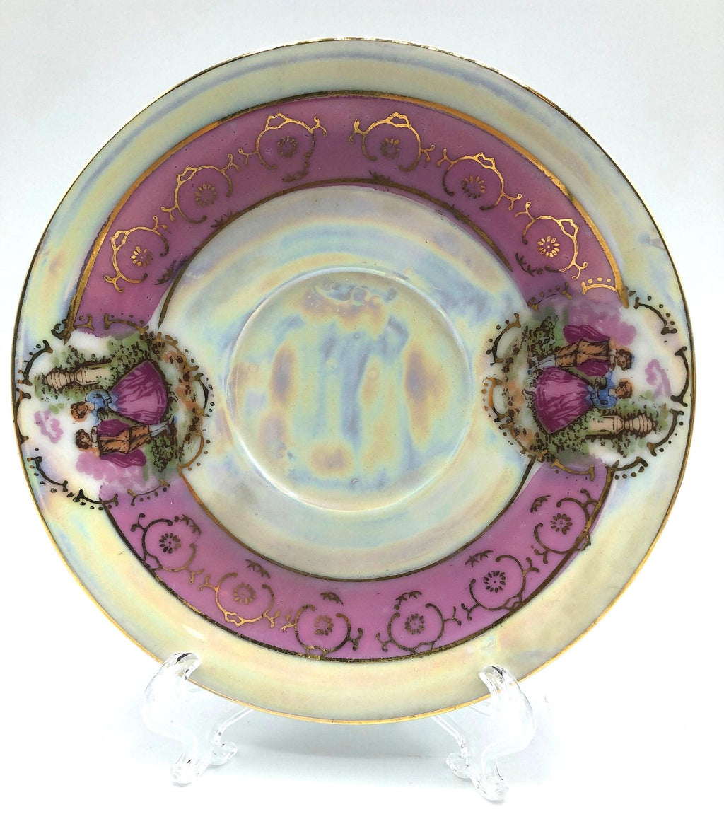 Royal Vienna Classic China Pedestal Demitasse Cup and Saucer, Pink Bands with Courting Couple, Lusterware Finish and Gold Details and Trim.