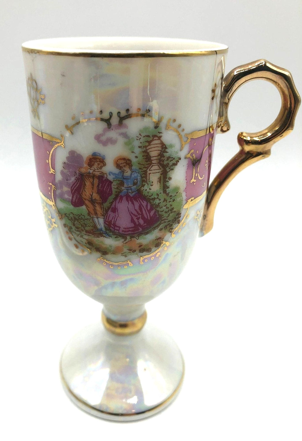 Royal Vienna Classic China Pedestal Demitasse Cup and Saucer, Pink Bands with Courting Couple, Lusterware Finish and Gold Details and Trim.