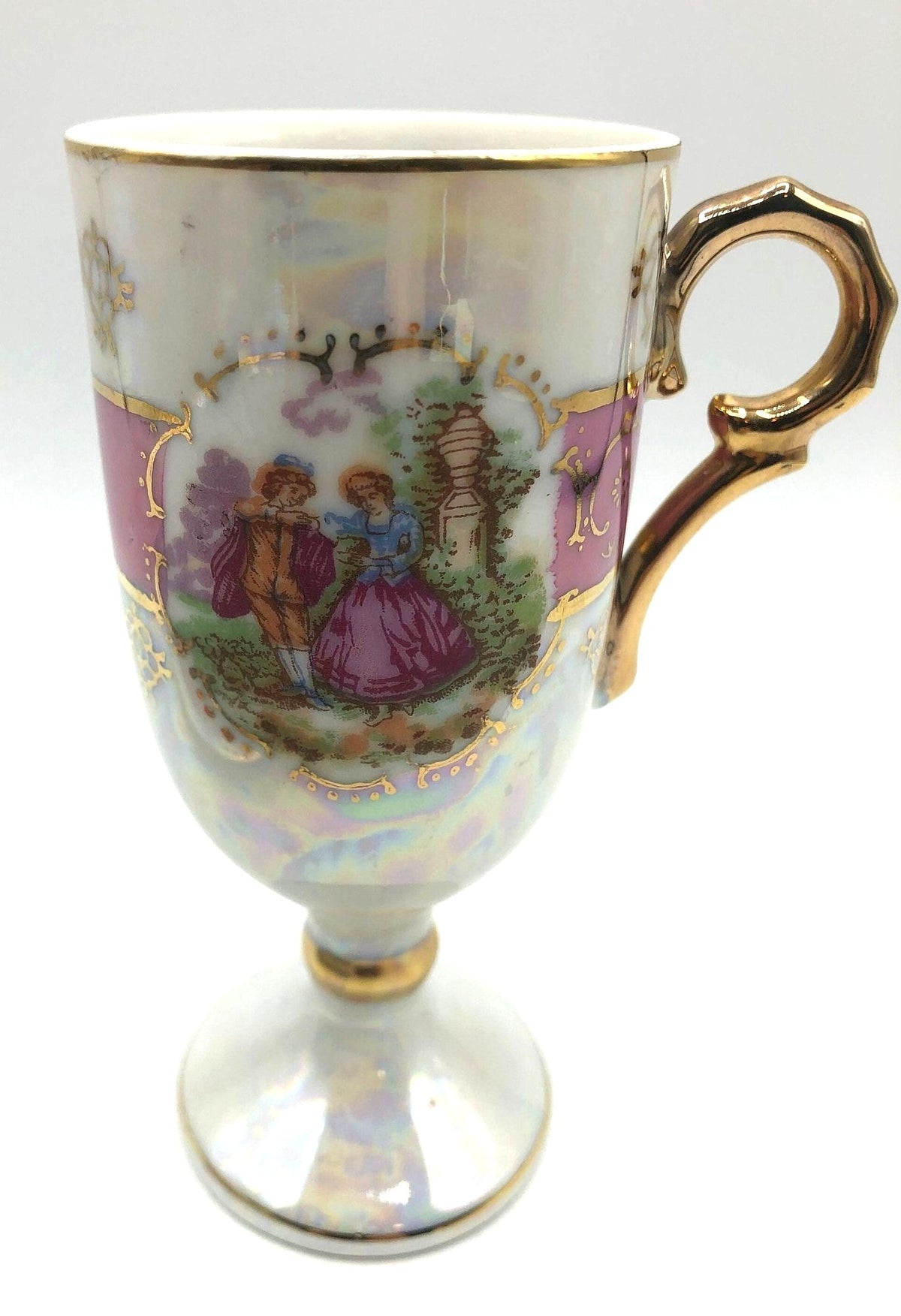 Royal Vienna Classic China Pedestal Demitasse Cup and Saucer, Pink Bands with Courting Couple, Lusterware Finish and Gold Details and Trim.