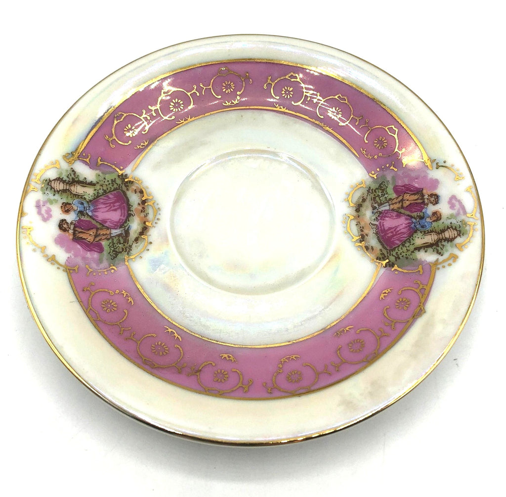 Royal Vienna Classic China Pedestal Demitasse Cup and Saucer, Pink Bands with Courting Couple, Lusterware Finish and Gold Details and Trim.