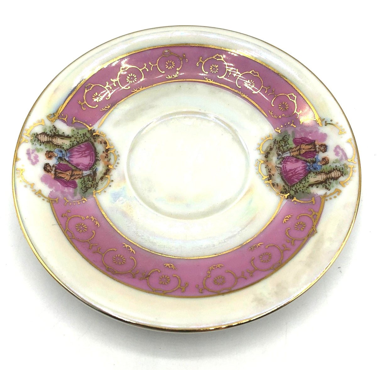Royal Vienna Classic China Pedestal Demitasse Cup and Saucer, Pink Bands with Courting Couple, Lusterware Finish and Gold Details and Trim.