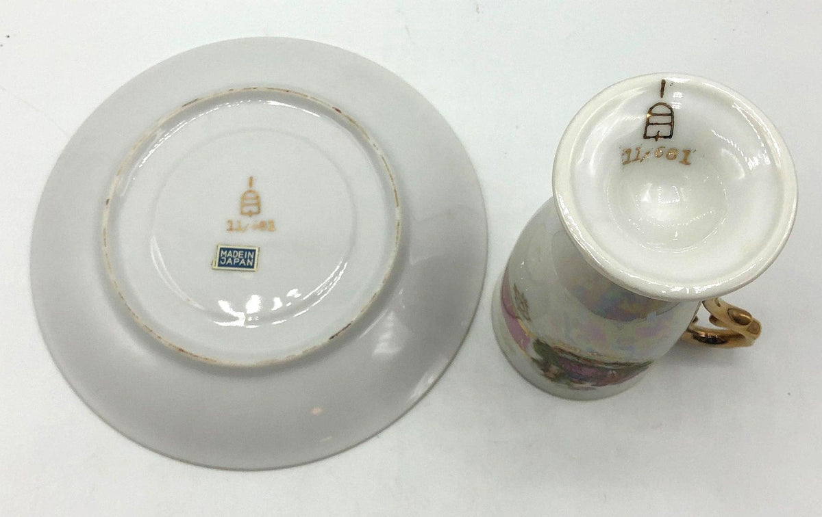 Royal Vienna Classic China Pedestal Demitasse Cup and Saucer, Pink Bands with Courting Couple, Lusterware Finish and Gold Details and Trim.