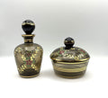 Brown Glass Covered Round Box and Bottle with Stopper Red and Yellow Flowers Gold Trim and Details. Made in Western Germany.