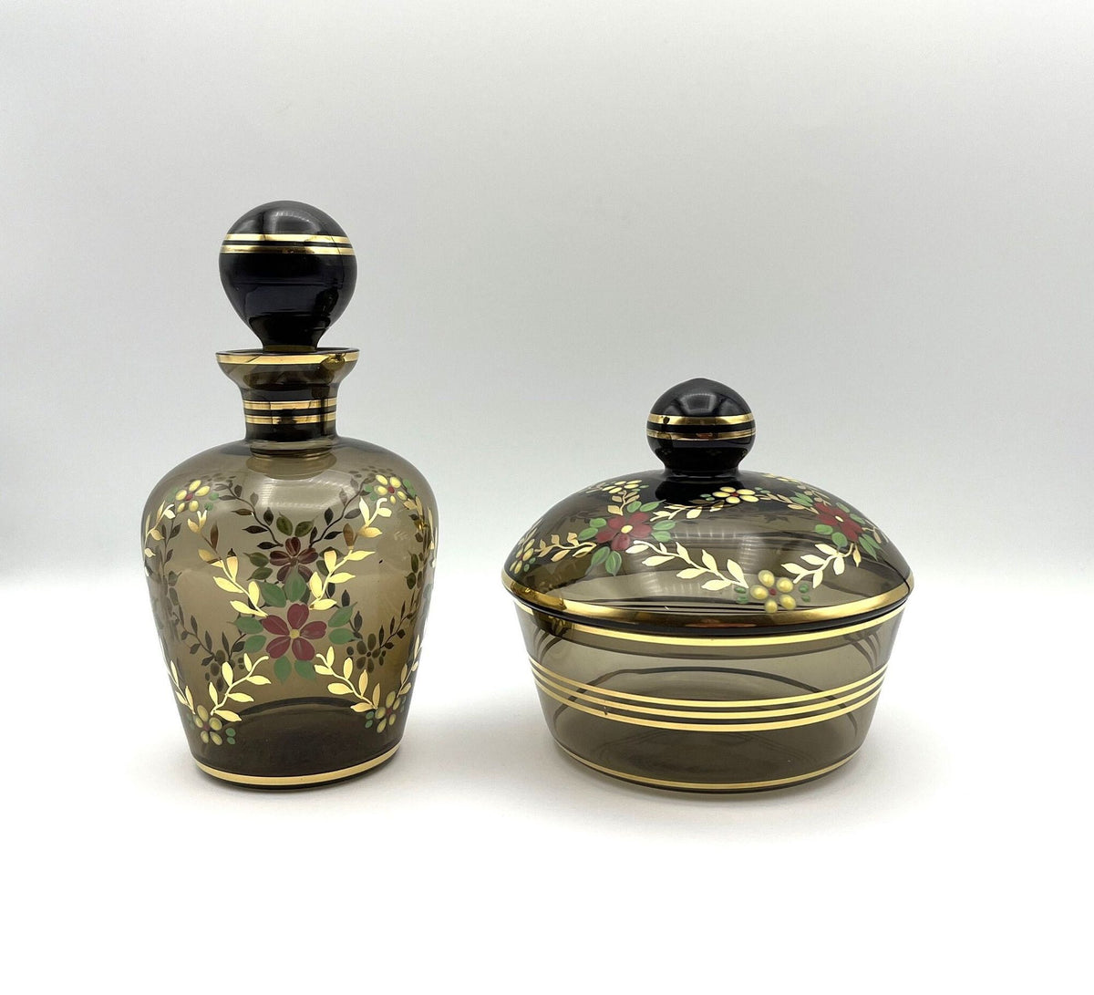 Brown Glass Covered Round Box and Bottle with Stopper Red and Yellow Flowers Gold Trim and Details. Made in Western Germany.